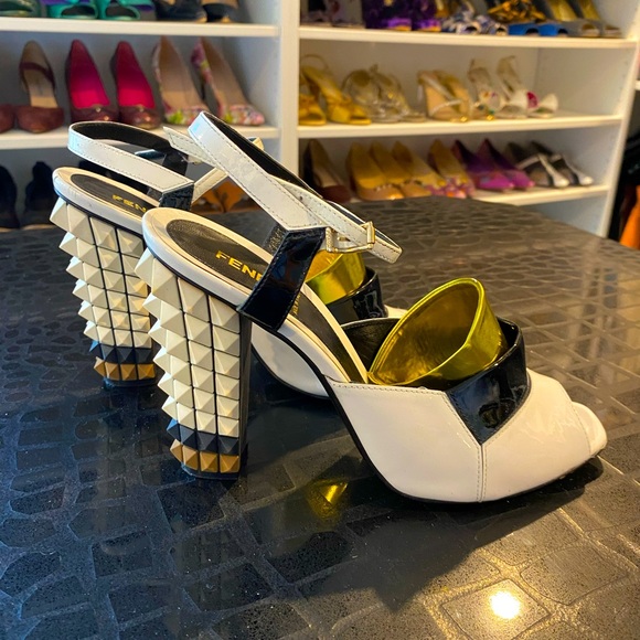 FENDI Patent Leather White Black Tan Gold Pyramid Stud Heels 40